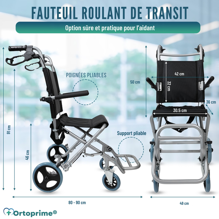 Fauteuil Roulant Étroit de Transit Pliable en Aluminium | Frein à Poignée