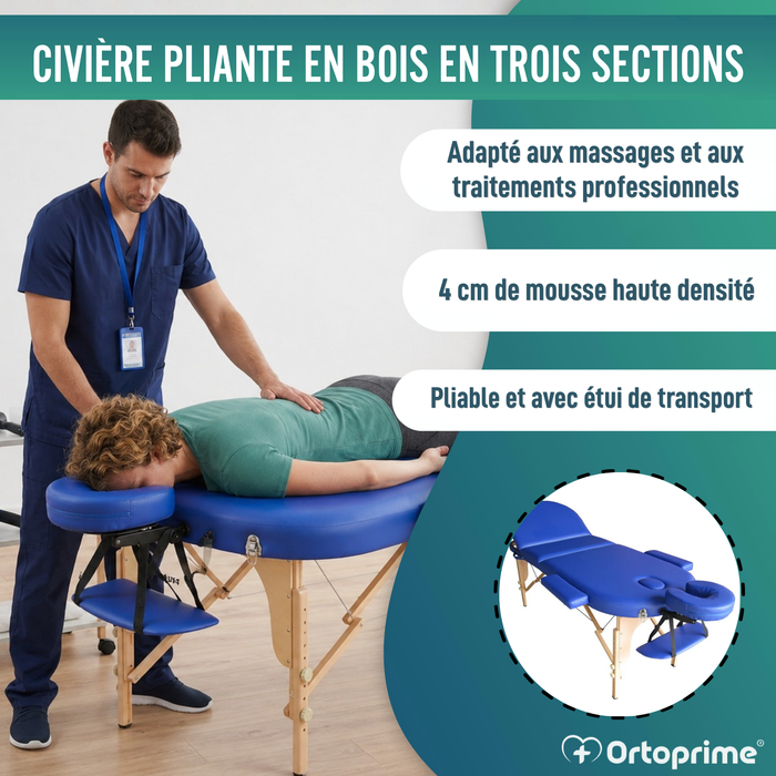 Table de Massage Professionnelle pour Kinésithérapie Pliante en Bois 3 Plans