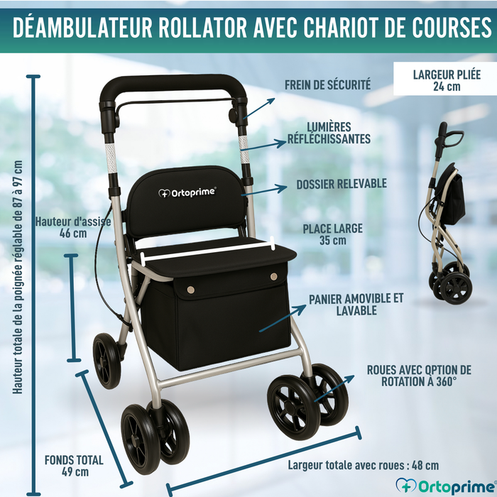 Déambulateur Rollator Pliant Adulte avec Chariot