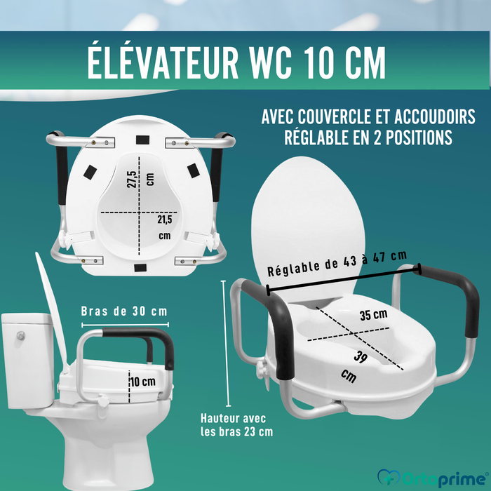 Élévateur WC 10cm avec Couvercle et Bras | Rehausseur WC