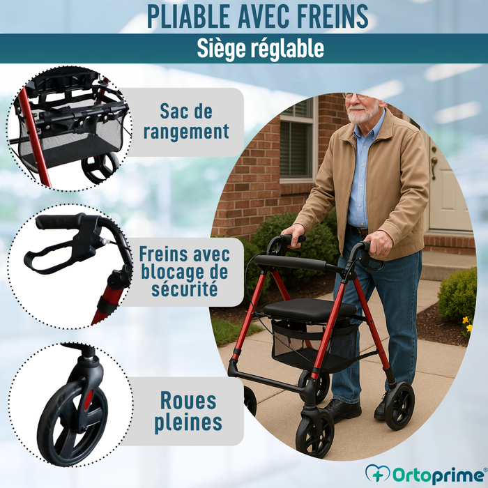 Déambulateur Rollator avec Siège Réglable et Pliable