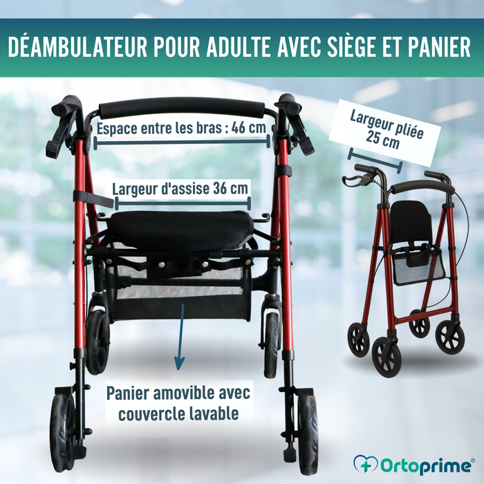 Déambulateur Rollator avec Siège Réglable et Pliable