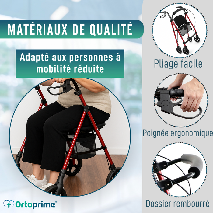 Déambulateur Rollator avec Siège Réglable et Pliable