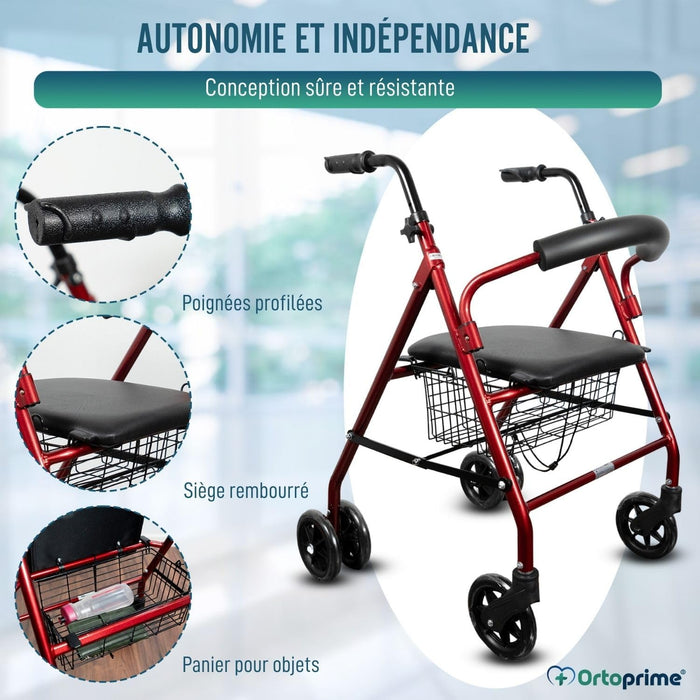 Rollator en Aluminium avec Freins de Pression et Siège Rembourré