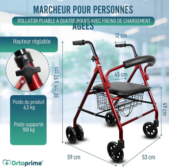 Rollator en Aluminium avec Freins de Pression et Siège Rembourré