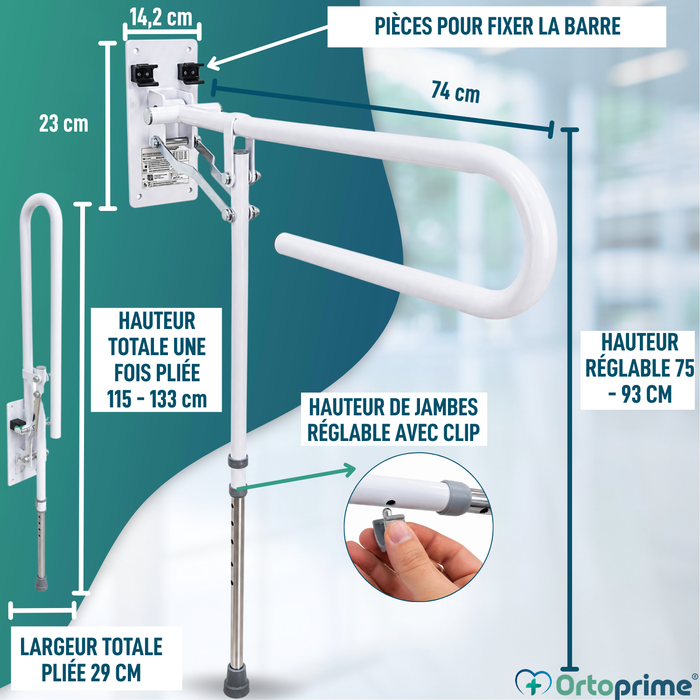 Barre d’Appui Rabattable avec Pied Réglable | Salle de Bain