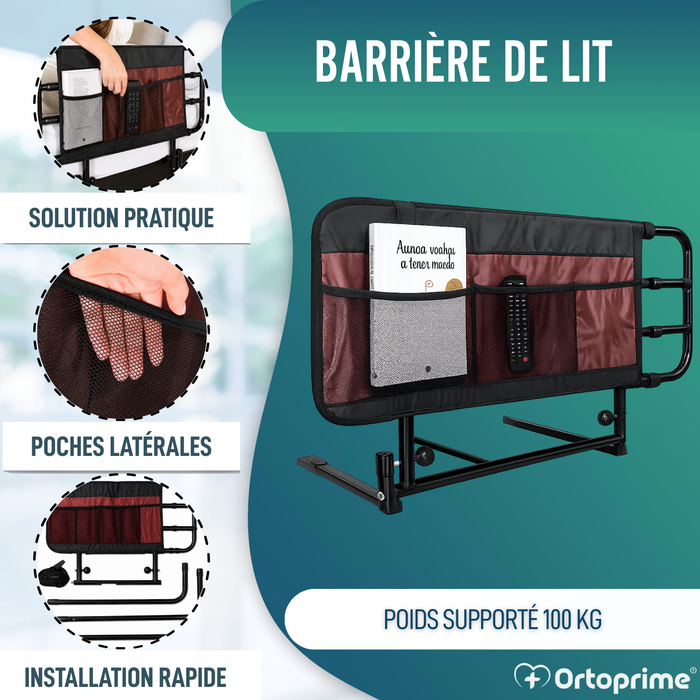 Barrière de Lit pour Adulte avec Poches et Réglable