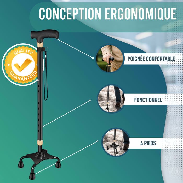 Canne Quadripode 4 Pieds Réglable | Avec Embout Convertible