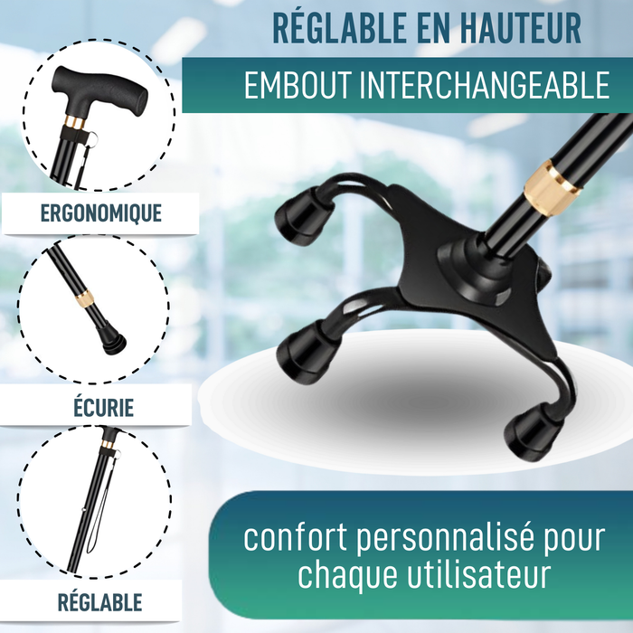Canne Quadripode 4 Pieds Réglable | Avec Embout Convertible