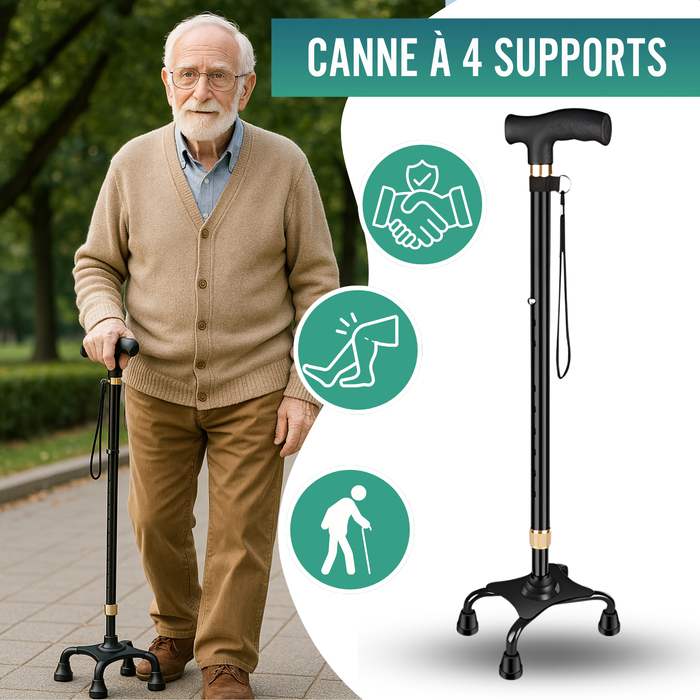 Canne Quadripode 4 Pieds Réglable | Avec Embout Convertible