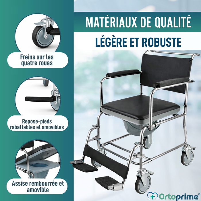 Chaise Douche WC à Roues avec Frein | Rembourrée