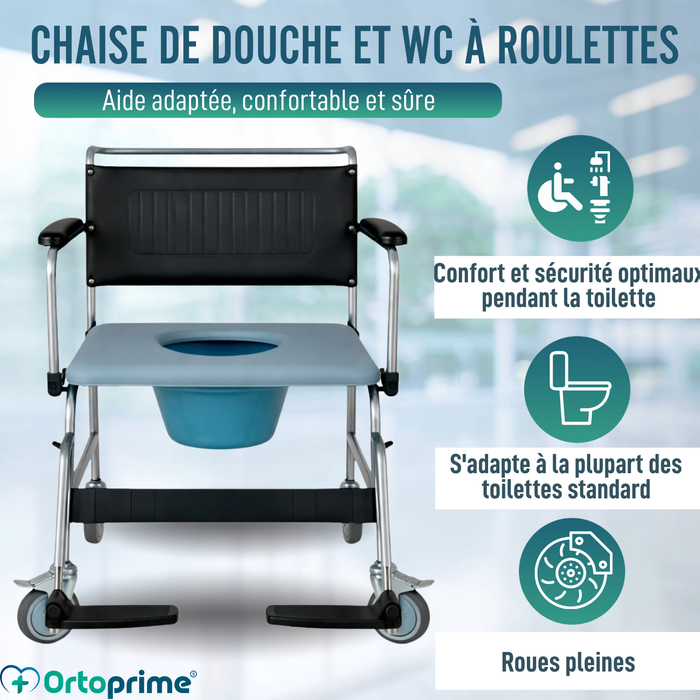 Chaise Douche WC à Roues avec Frein | Rembourrée