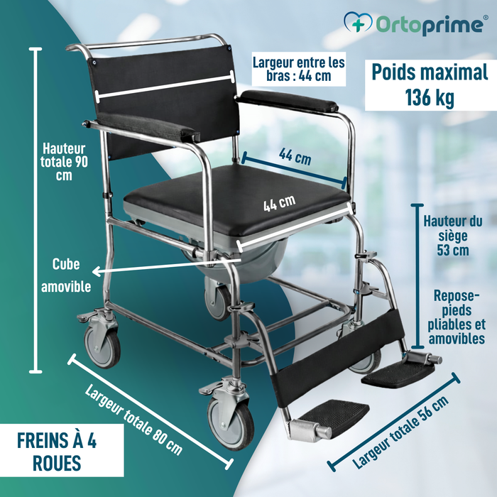Chaise Douche WC à Roues avec Frein | Rembourrée