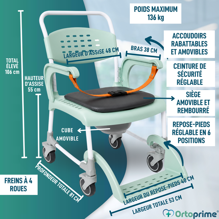 Chaise Percée Douche avec Roues 3 en 1 | Assise avec Drainage