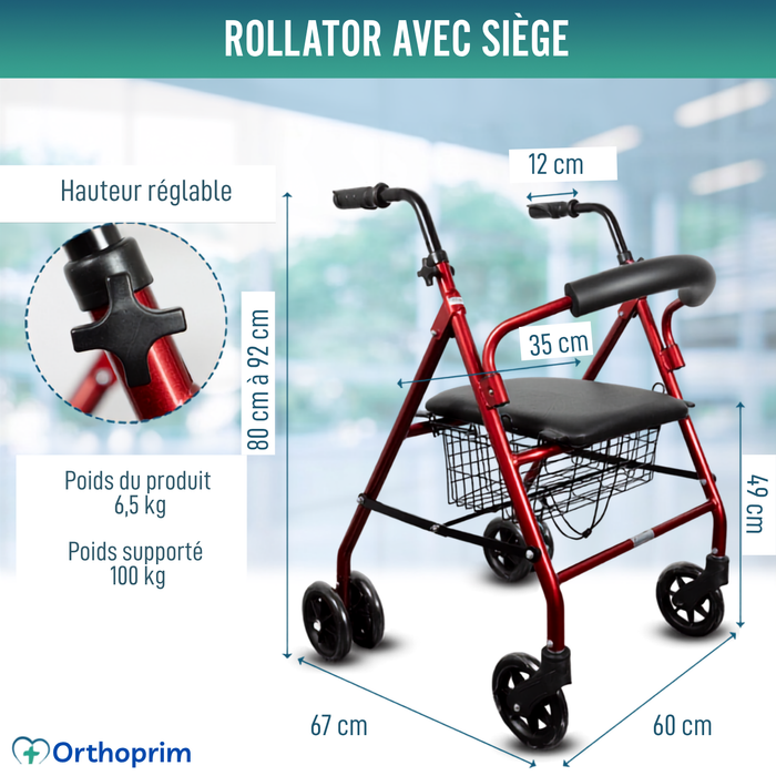 Rollator en Aluminium avec Freins de Pression et Siège Rembourré
