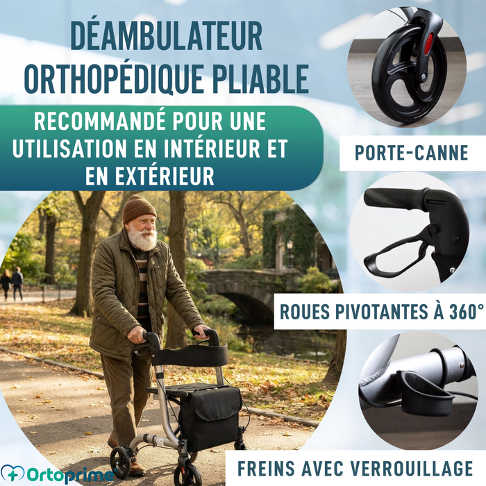 Déambulateur pour Personnes Âgées en Aluminium Rollator 4 Roues Pliable Siège et Freins