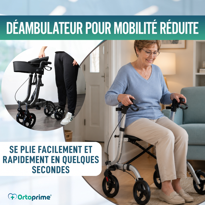 Déambulateur pour Personnes Âgées en Aluminium Rollator 4 Roues Pliable Siège et Freins