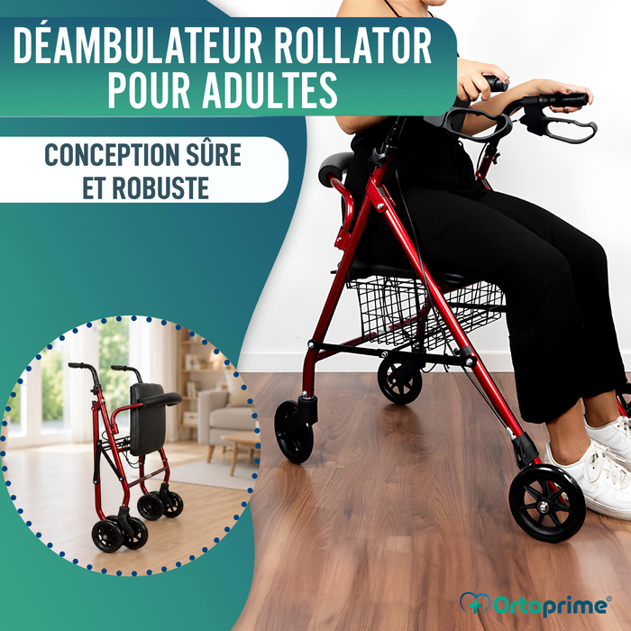 Déambulateur Rollator en Aluminium avec Freins et Siège Rembourré