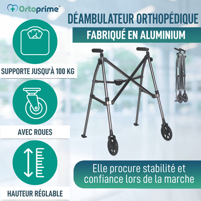 Déambulateur Pliable 2 Roues Ultraléger Réglable en Hauteur