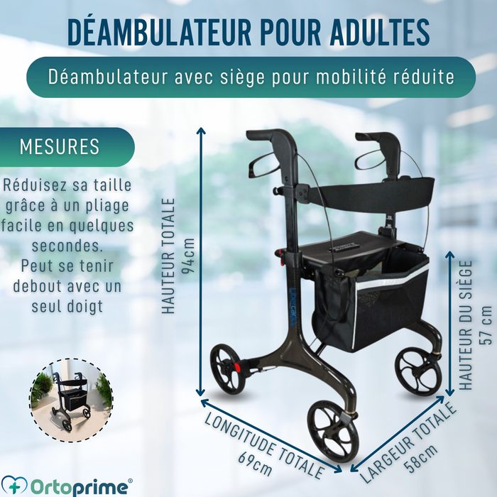 Déambulateur Pliable pour Adultes avec Siège | Fibre de Carbone