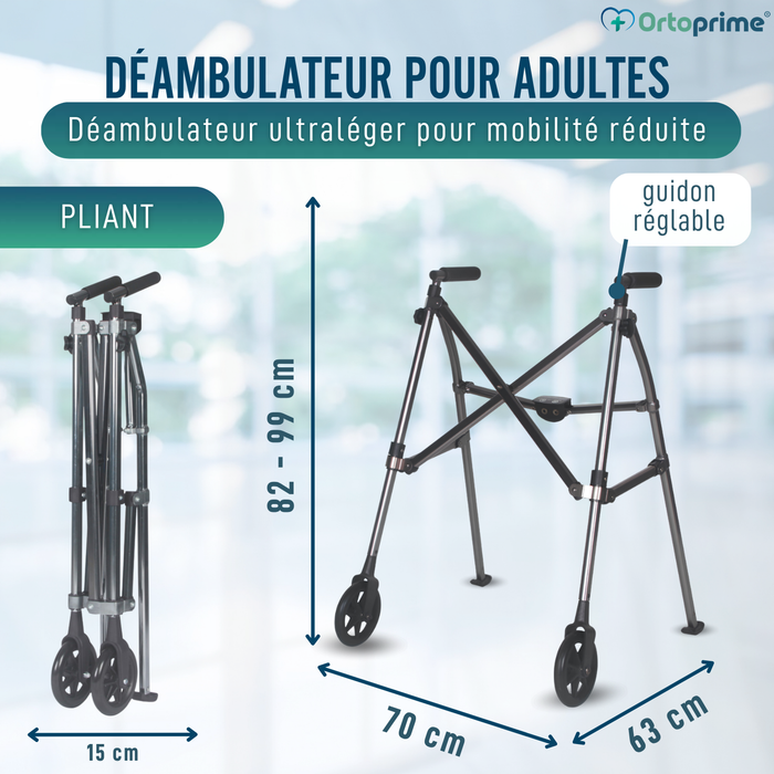 Déambulateur Pliable 2 Roues Ultraléger Réglable en Hauteur