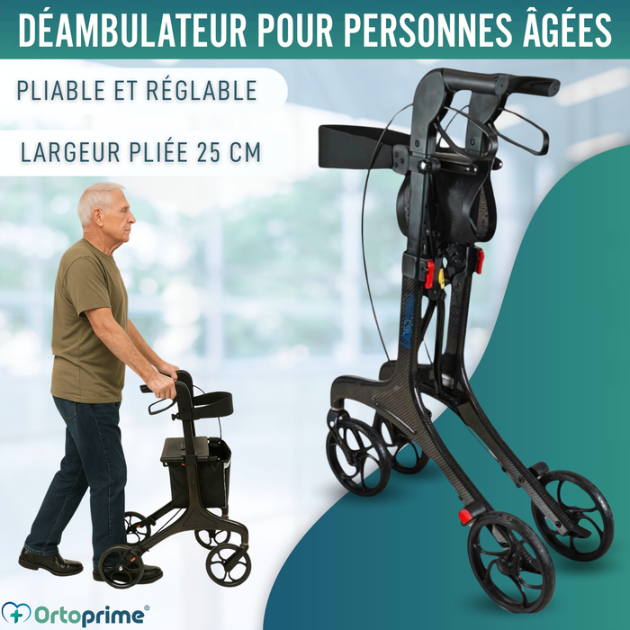 Déambulateur Pliable pour Adultes avec Siège | Fibre de Carbone
