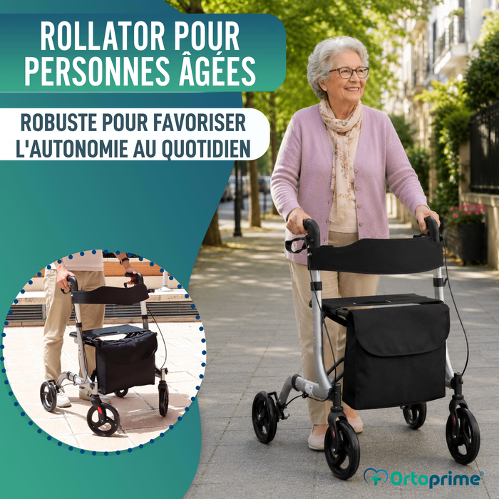 Déambulateur pour Personnes Âgées en Aluminium Rollator 4 Roues Pliable Siège et Freins