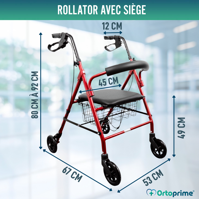 Déambulateur Rollator en Aluminium avec Freins et Siège Rembourré