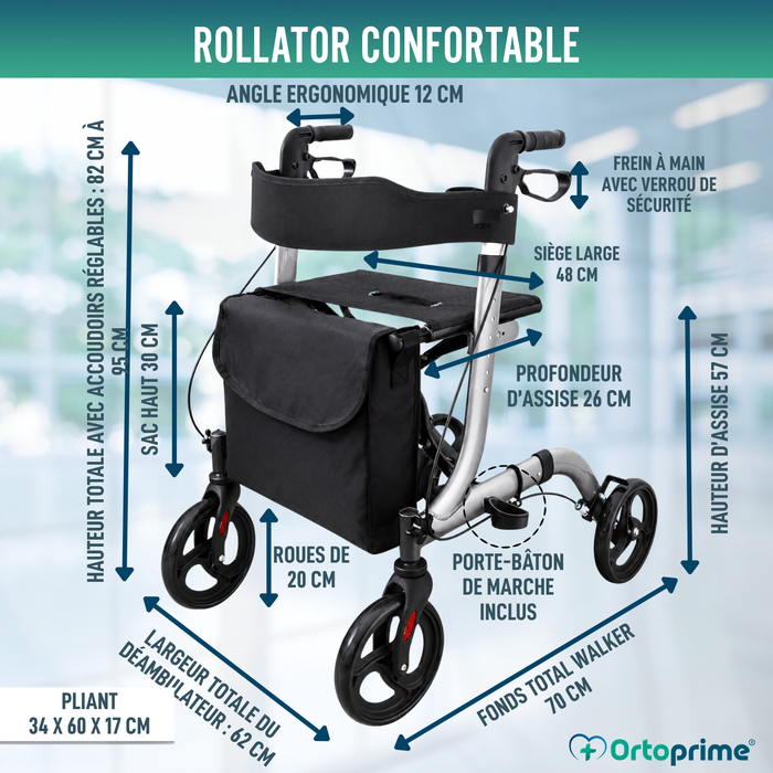 Déambulateur pour Personnes Âgées en Aluminium Rollator 4 Roues Pliable Siège et Freins