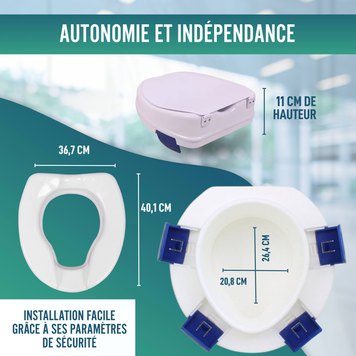 Élévateur WC Adulte 11cm | Rehausseur WC Orthopédique 4 Clips