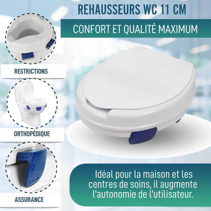 Élévateur WC Adulte 11cm | Rehausseur WC Orthopédique 4 Clips