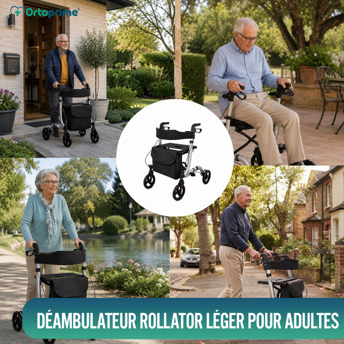Déambulateur pour Personnes Âgées en Aluminium Rollator 4 Roues Pliable Siège et Freins