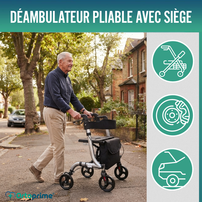 Déambulateur pour Personnes Âgées en Aluminium Rollator 4 Roues Pliable Siège et Freins