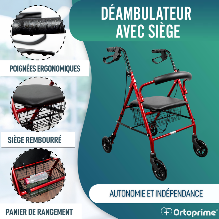 Déambulateur Rollator en Aluminium avec Freins et Siège Rembourré