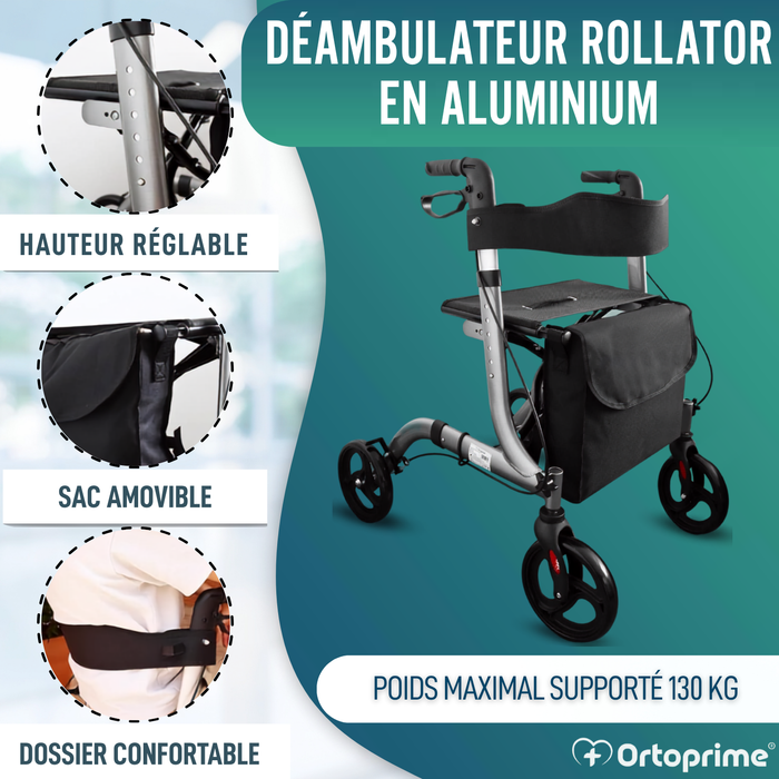 Déambulateur pour Personnes Âgées en Aluminium Rollator 4 Roues Pliable Siège et Freins